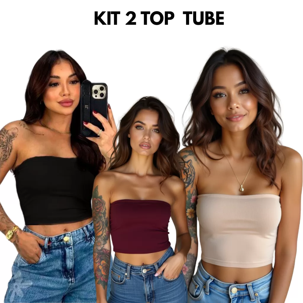 Kit 2 Tube Cropped Feminino Top Faixa Tomara Que Caia Básico Suplex Forro Duplo
