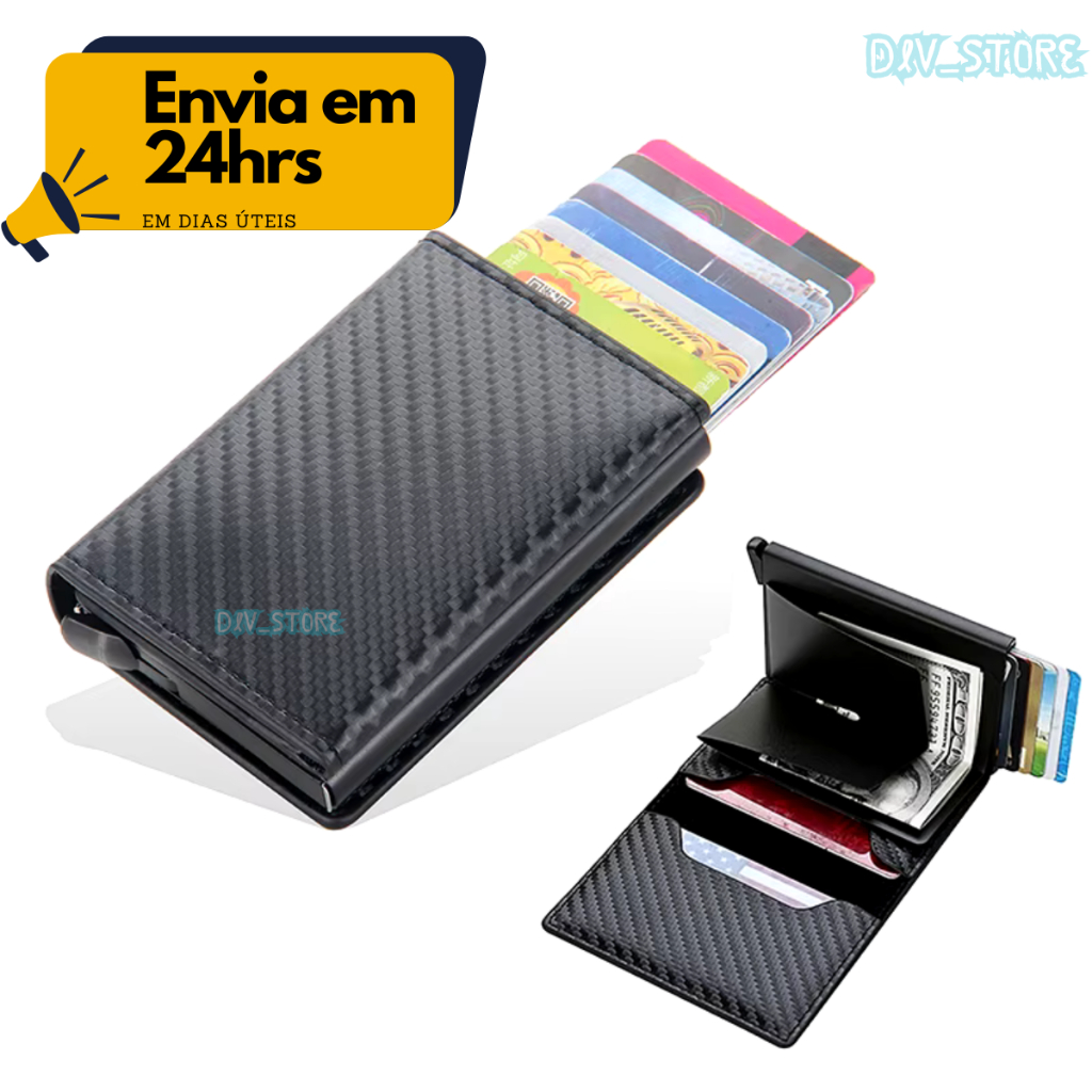 Carteira Ejetora Automática Slim Fibra De Carbono couro Anti Furto Proteção Porta Cartões