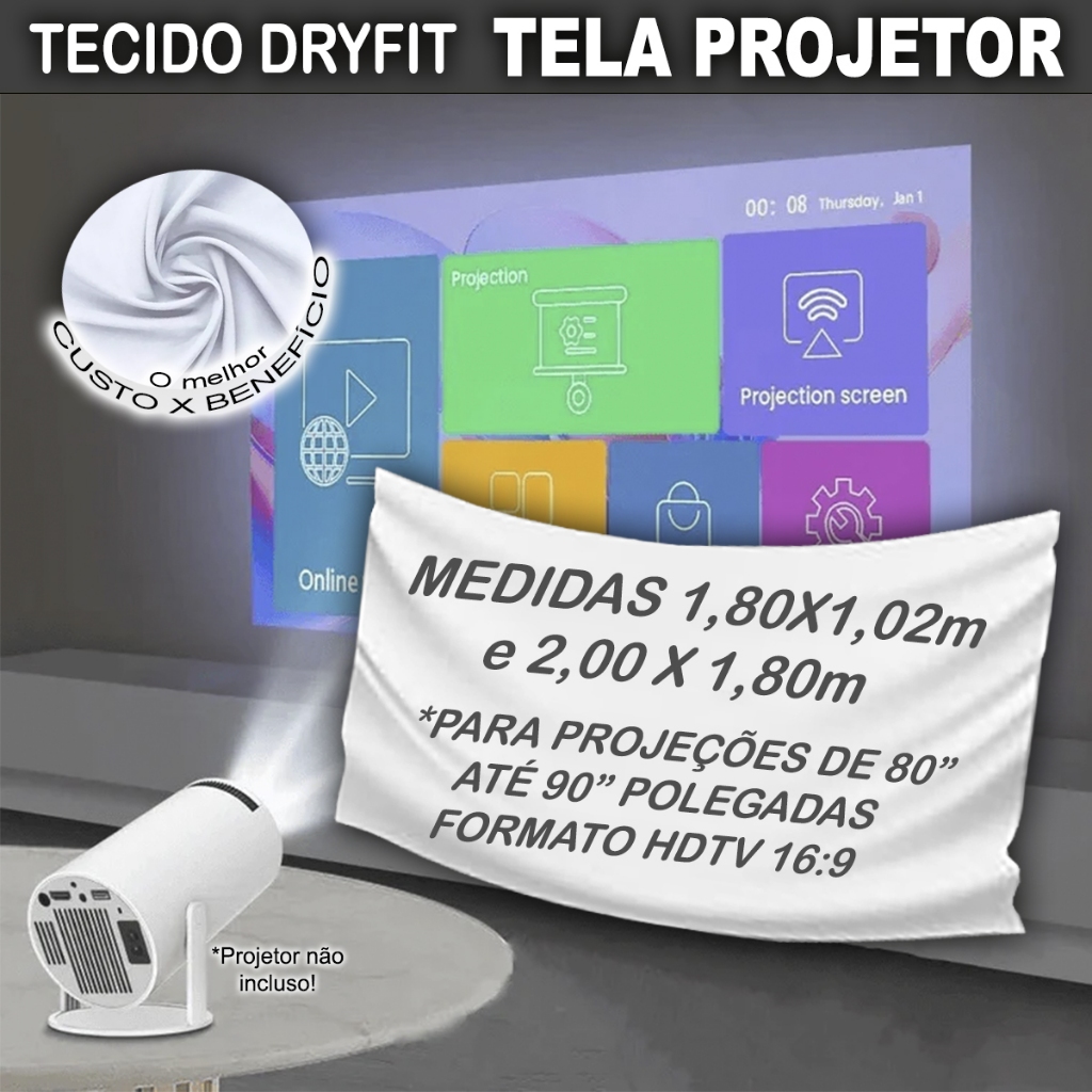 Tecido Para Tela Projeção Dryfit 100% Poliéster  Projetor 80 e 90 Polegadas