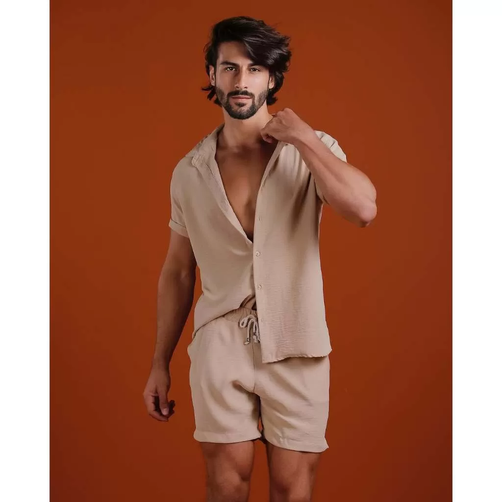 Camisa Masculina + Bermuda Dunas Moda Elegante Praiana Conjunto Tecido Fino