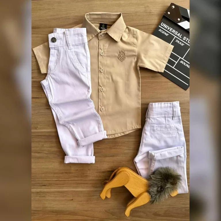 Calça Branca com Camisa Curta Caqui Infantil