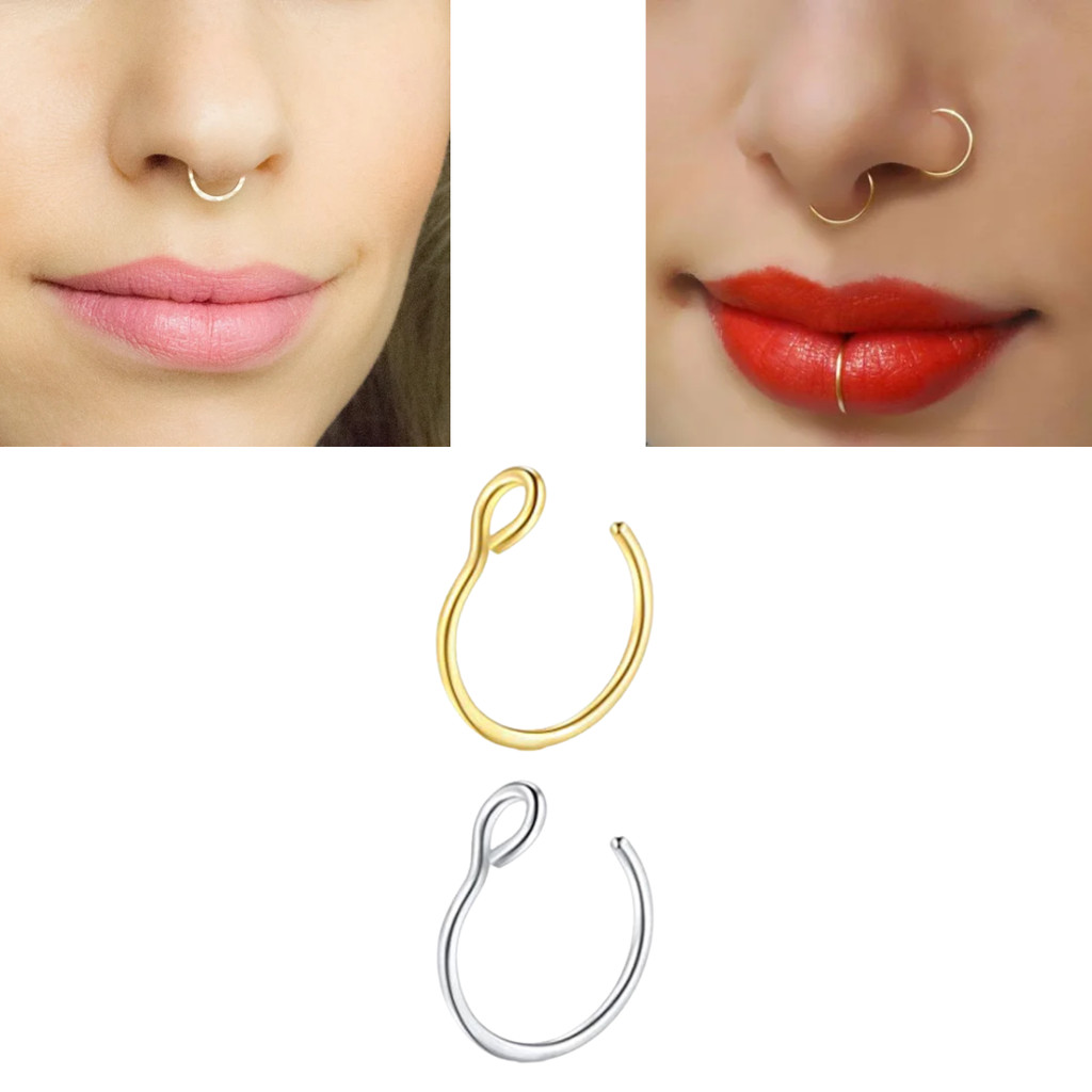 Piercing Fake Nariz Argola Septo Nasal Falso Aço Inoxidável Prata e Dourado Unissex Delicado Pequeno