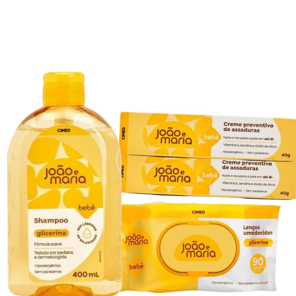 KIT João e Maria Linha Shampoo 400ml + 2x Creme preventivo de Assaduras 40g + 1- Lenços Umedecidos 9