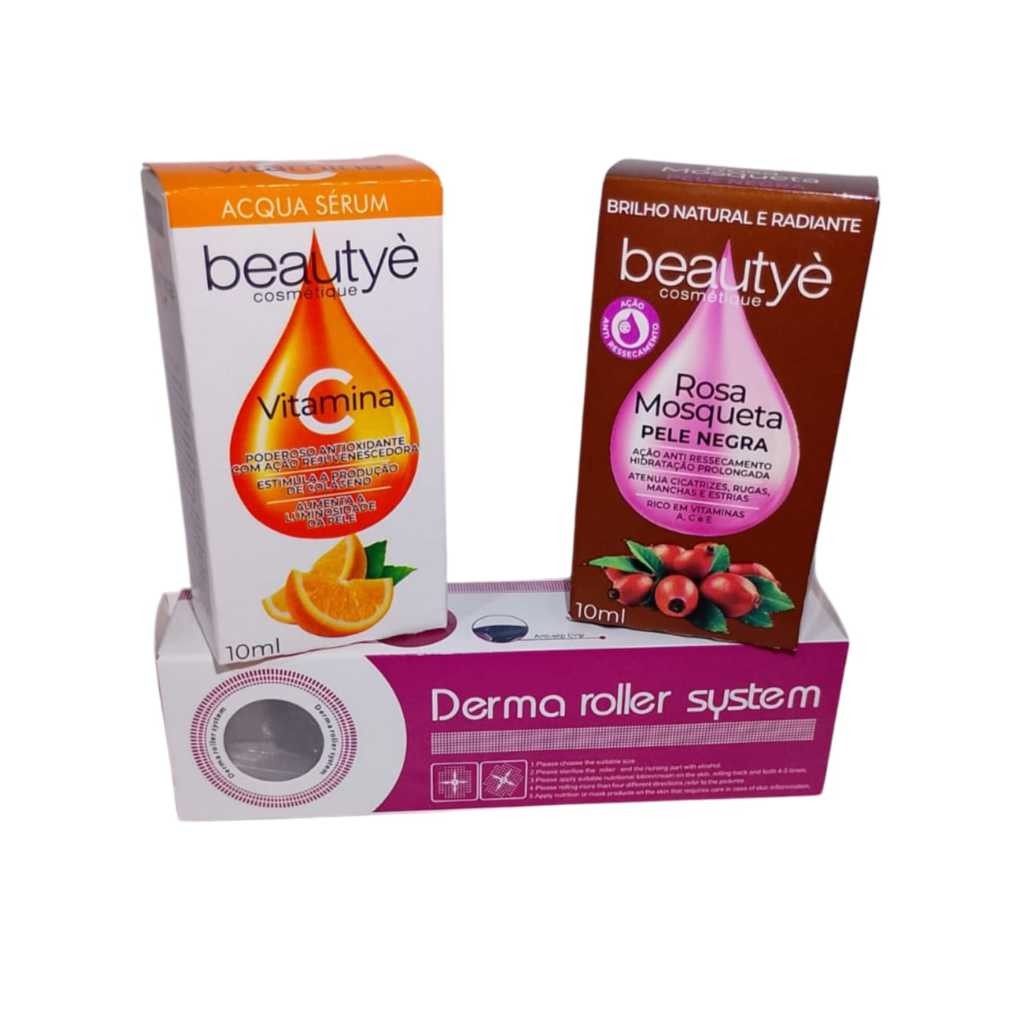 Kit SkinCare Pele Negra Beautyè – Vitamina C + Rosa Mosqueta 100% Pele Negra | 2x10ml + Dermaroller