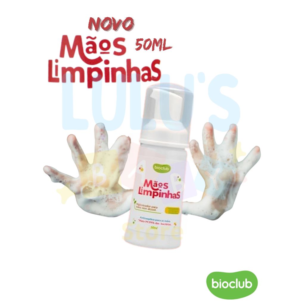 Mãos Limpinhas Bioclub 50ml – Higienizador de Mãos Infantil, Bebe Sem Álcool – Frasco com Espumadora
