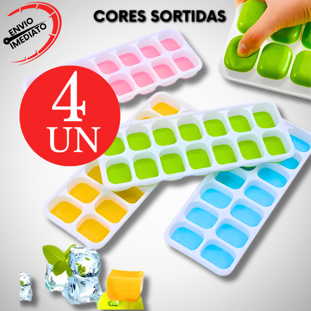 Kit 4 Forma de Gelo Com Tampa Fundo Silicone 14 Cubos GRANDE Cozinha Bebe Comida