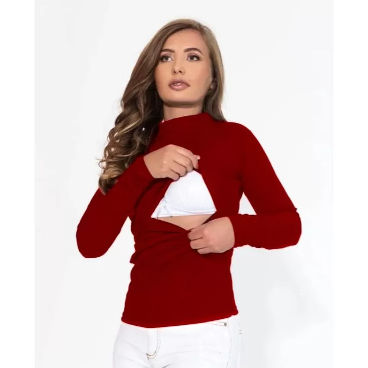 Blusa Amamentação Manga Longa Gola Alta Canelado