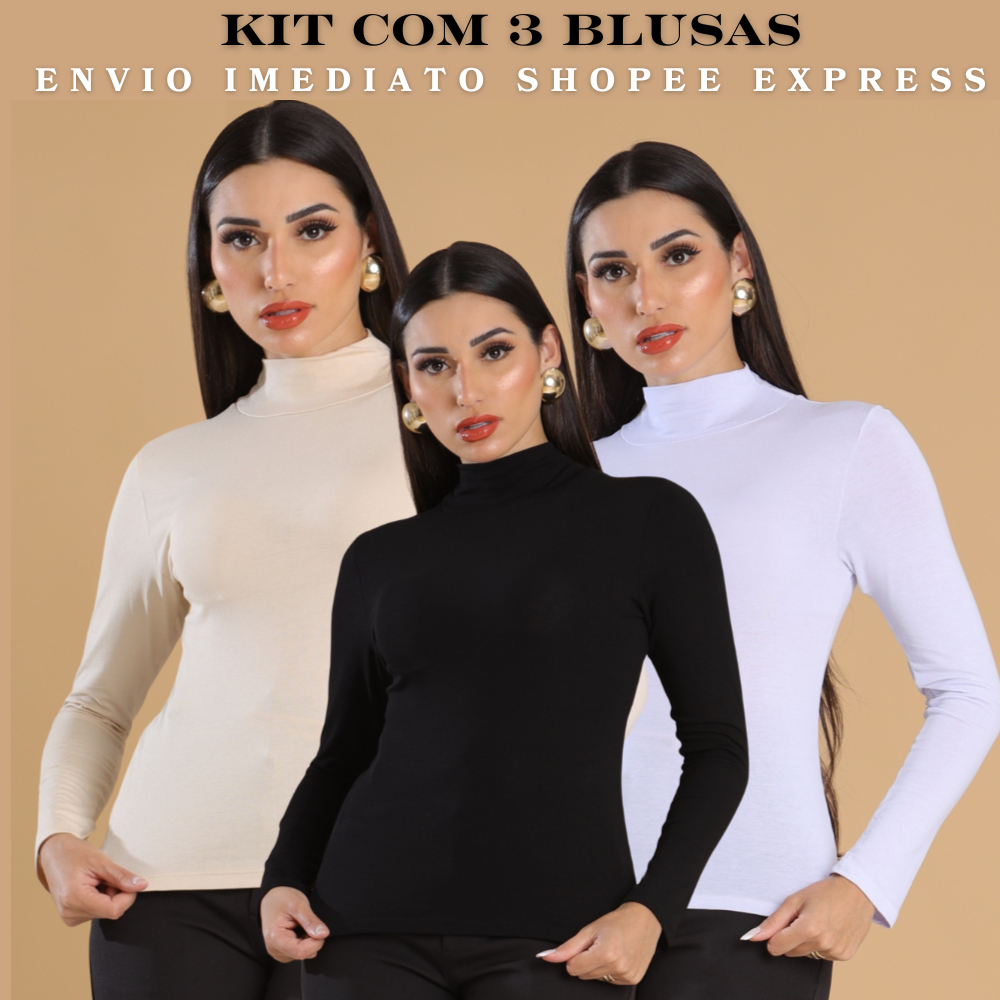 UNIDADE ou KIT 3 Blusas Feminina Cacharrel Gola Alta Manga Longa Viscolycra Segunda Pele cores da mo