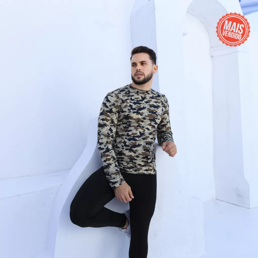 Camiseta Térmica Masculina Camuflada Com Proteção Uv 50+ Camiseta Segunda Pele Estampa Exército