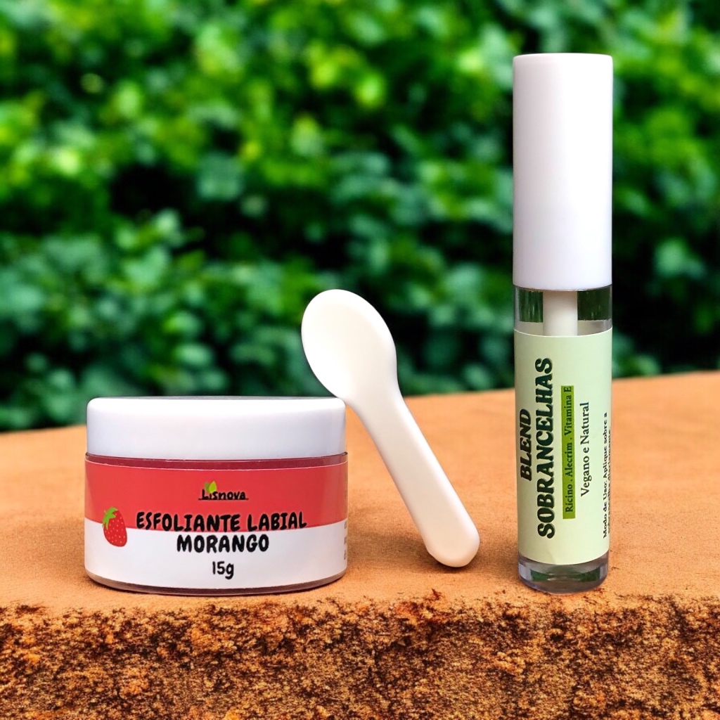 Kit Esfoliante Labial de Morango com Cristais de Quartzo + Blend para Crescimento de Sobrancelhas co