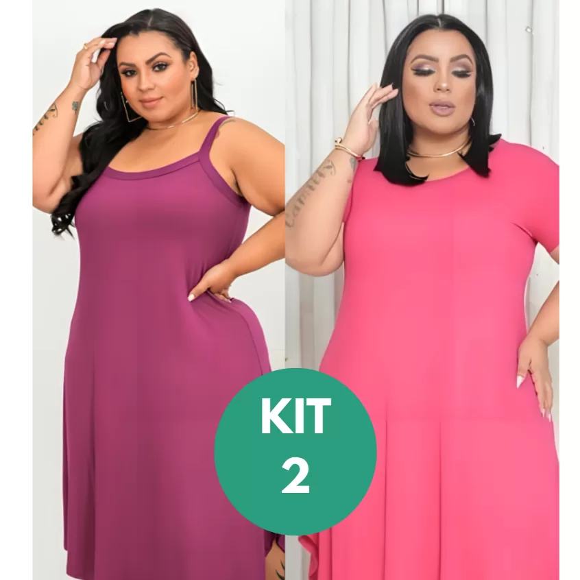 Kit 2 Vestidos Plus Size Feminino de Alça e Manga Soltinho Verão Tamanho G1-G2-G3-G4