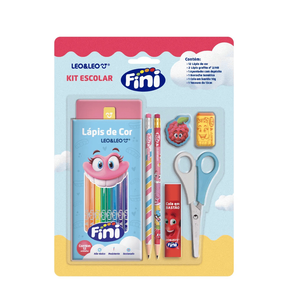 Kit Escolar Completo com Cheirinho Fini Lápis de Cor Lápis Preto Apontador Borracha Cola Tesoura