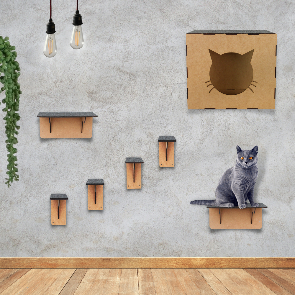 Playground Gatos Brinquedo Bichanos Circuito Customizavel 7 pçs Parquinho mdf Pet Cama Nicho Degraus