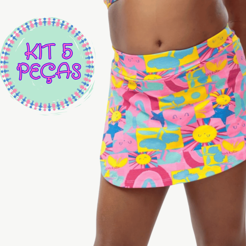 Kit com 5 Shorts Saia Juvenil Infantil Básico Verão