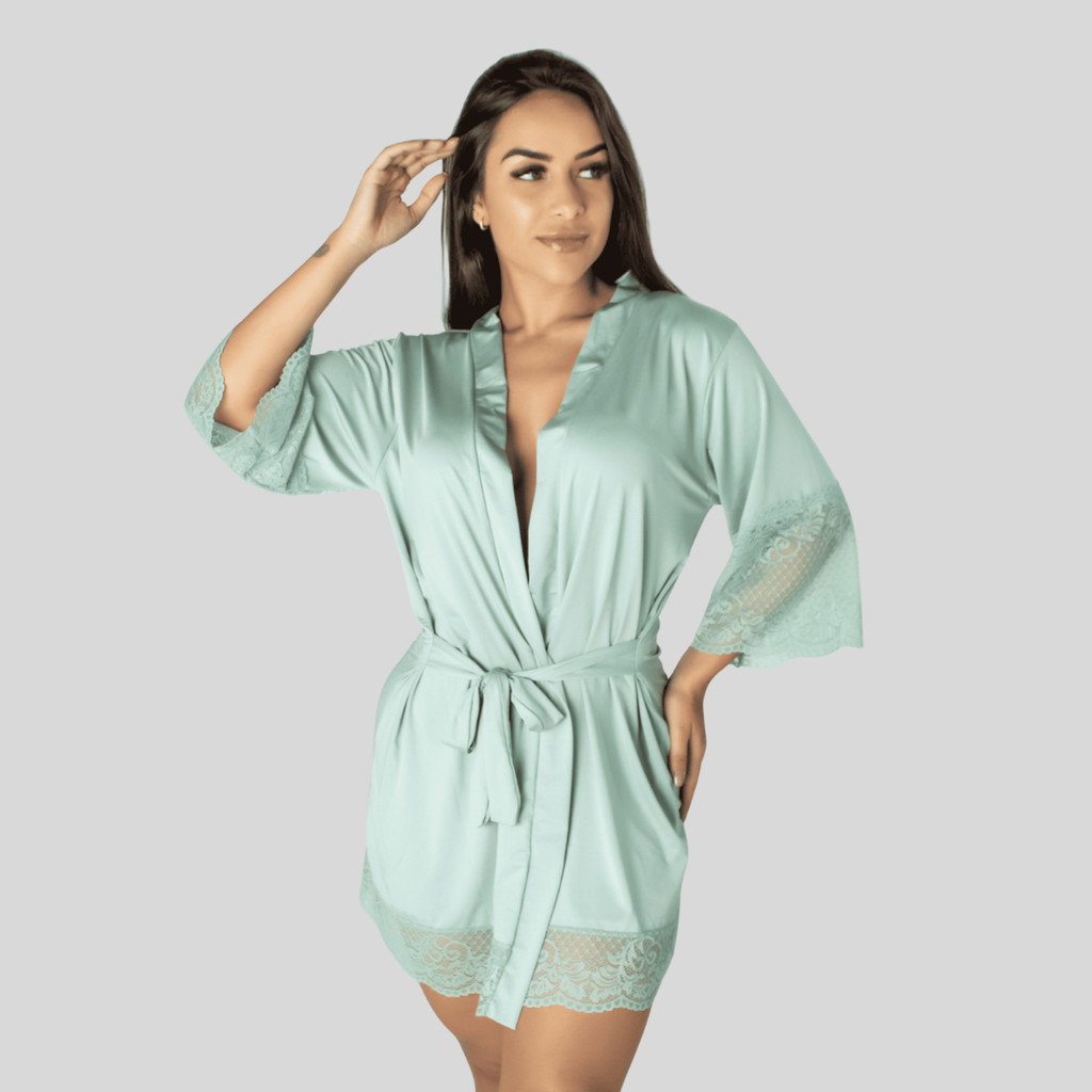 Robe Curto Luxo Feminino em Renda Roupão/Hobby Elegante, Confortável e Sensual para Noite