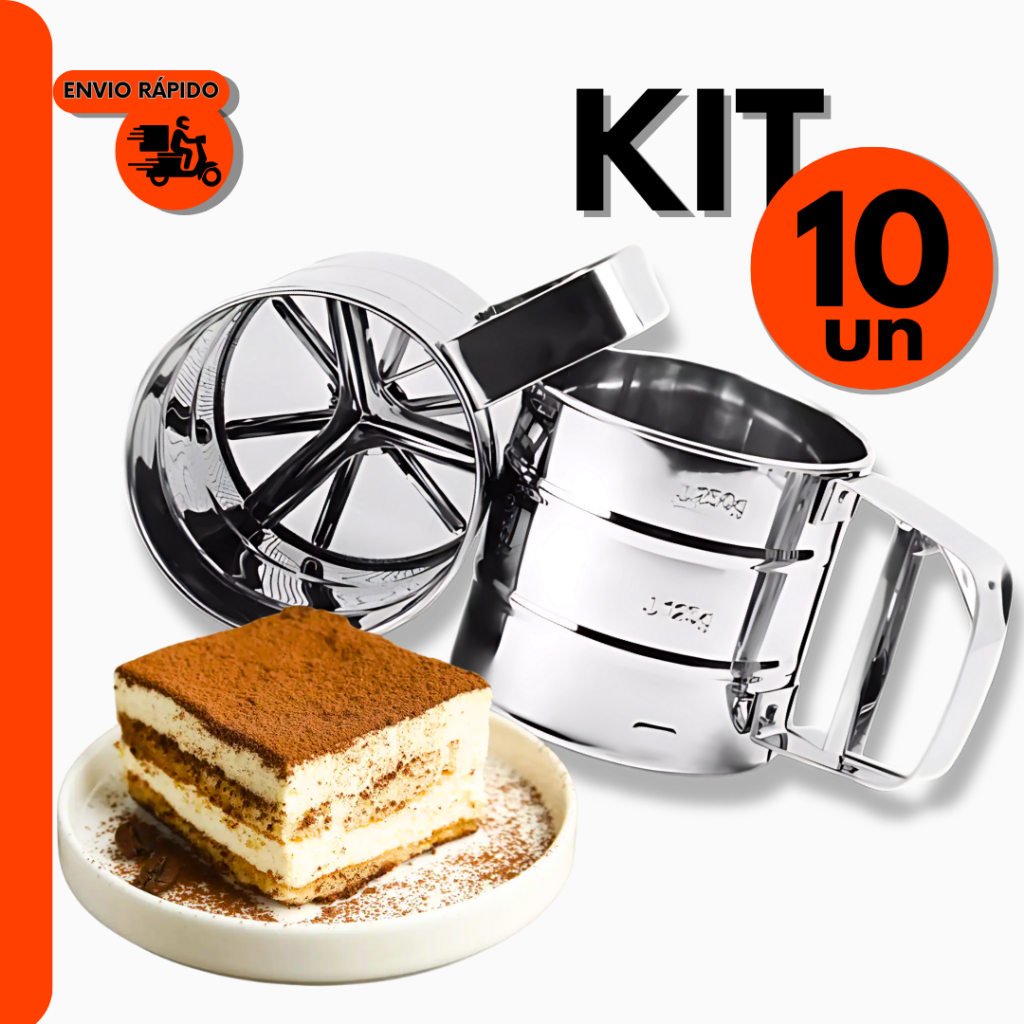 Kit 10 Peneira Polvilhador com Gatilho Inox do Chef Confeiteiro Para Doces Pães e Bolos Para Padaria