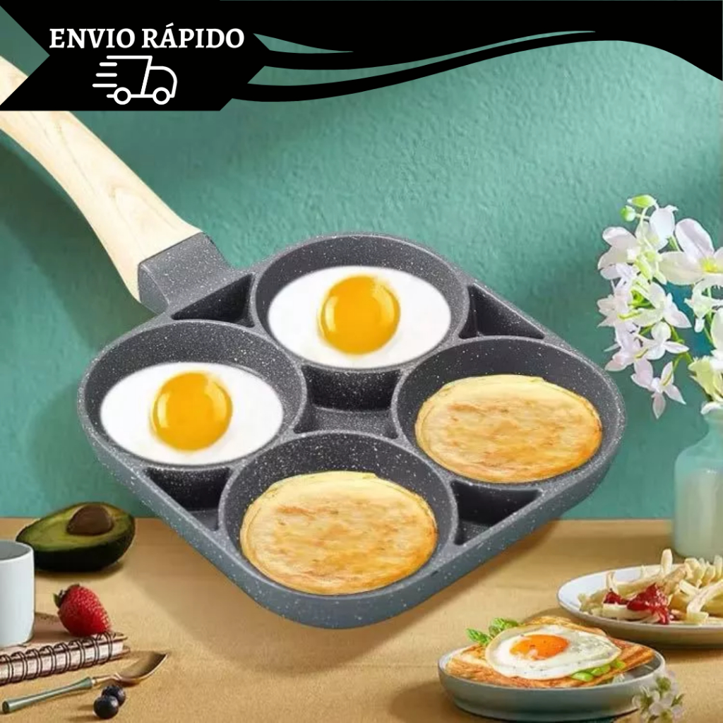 Frigideira Multifuncional Antiaderente 4 em 1 Ovos Hambúrguer Omelete Com Alça De Madeira