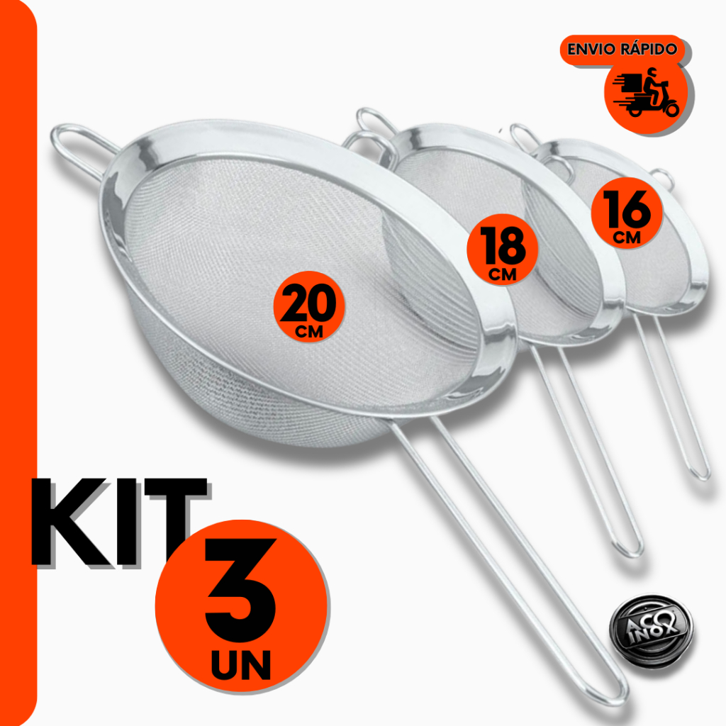 Kit Peneiras em Aço Profissional P/ Confeiteiros e Cozinheiros P/ Restaurantes e Cozinha e Padaria