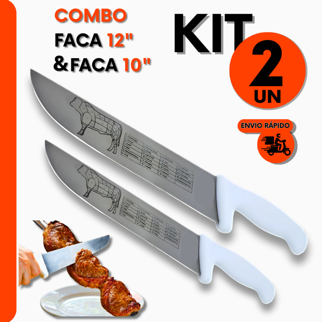 Kit Profissional Faca 10 + Faca 12 Cabo Branco Inox Para Açougueiros e Churrasqueiros e Cozinha