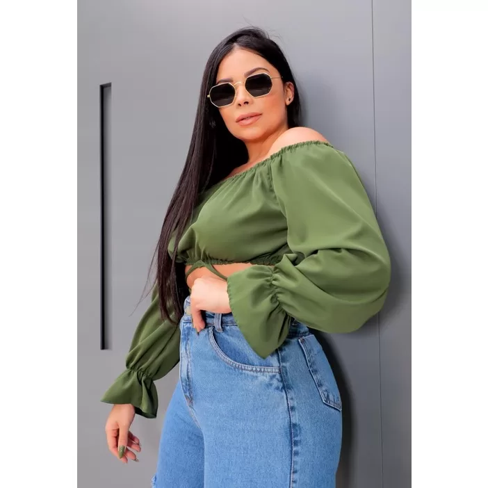 Cropped Ombro a Ombro Manga Estilo Bufante Moda Fe