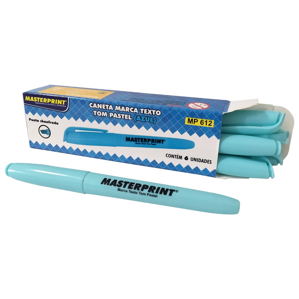 Caixa com 6 Canetas Marca Texto Azul Tom Pastel Ponta Chanfrada Masterprint MP 612