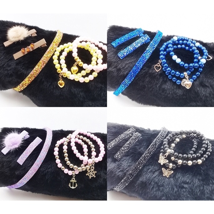 Kit Tiara Manta Hair clip e pulseiras artesanal  &
