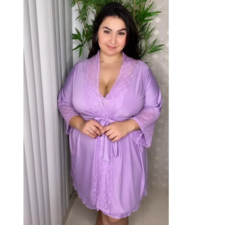 kit Plus Size Camisola Amamentação e Robe luxo R