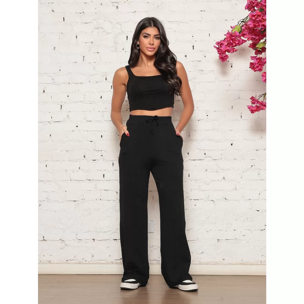 calça pantalona moletinho Grosso Calca Preto Feminina Tendencia 2025 Cos Alto