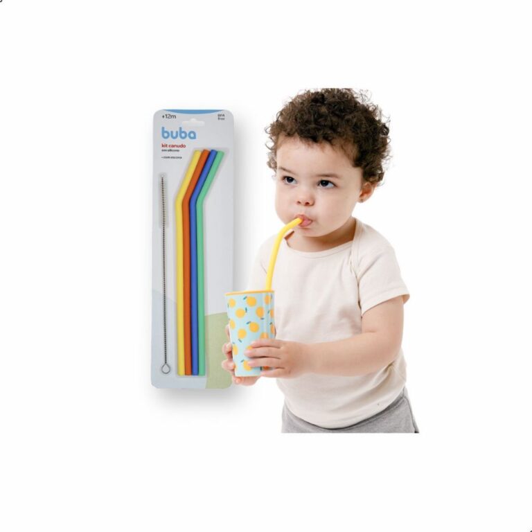 Canudo Colorido Em Silicone Infantil Kit Com Escov