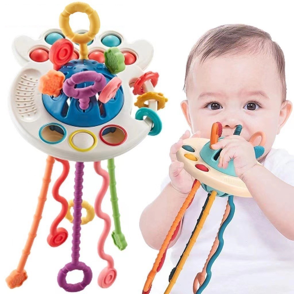 MEDOOSI Brinquedo Montessori Tátil para Bebês de Polvo Puxável Interativo Sonoro Mastigável Desenvol