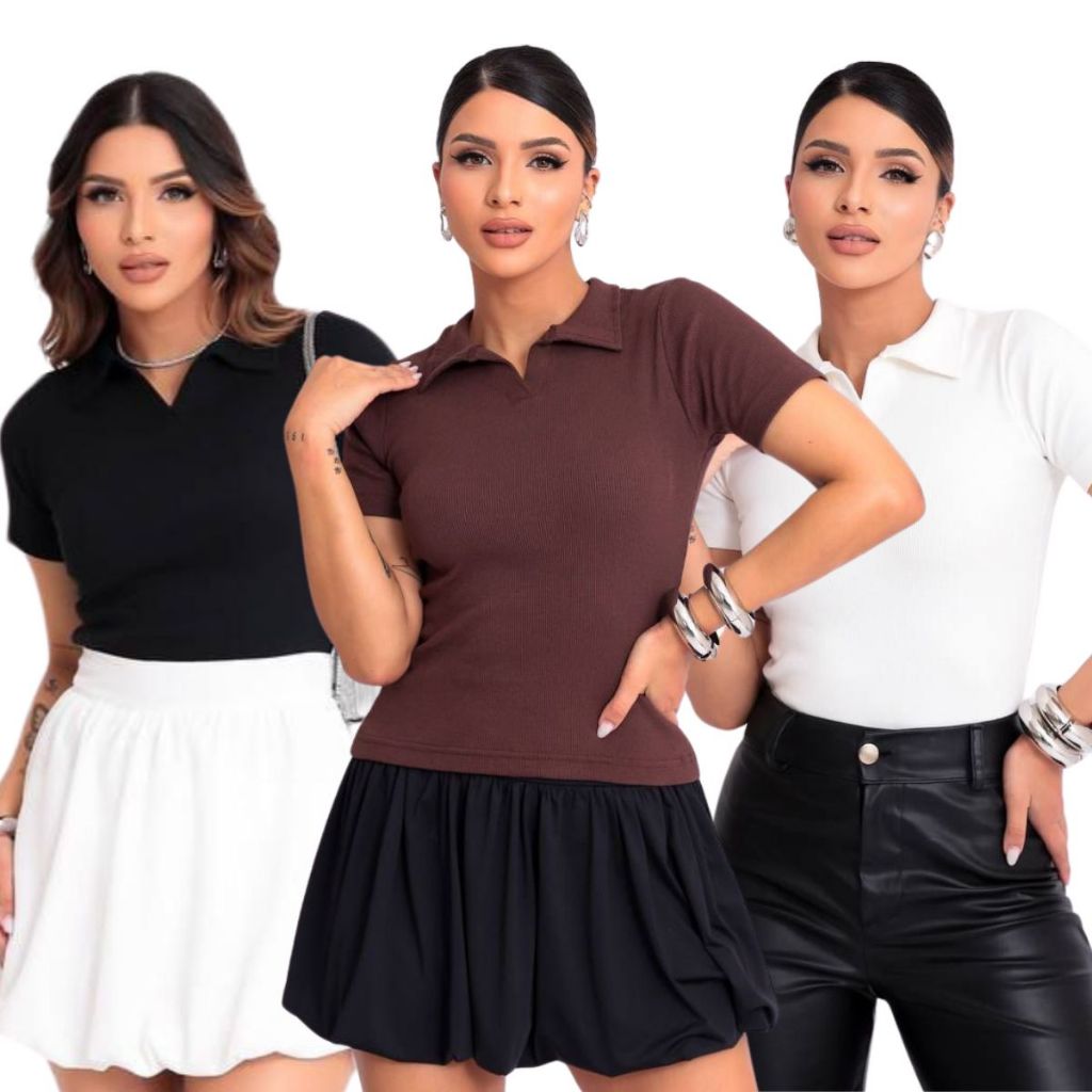 KIT com 3 blusa Polo Ribana em Algodão Casual Feminina  Oferta Relâmpago