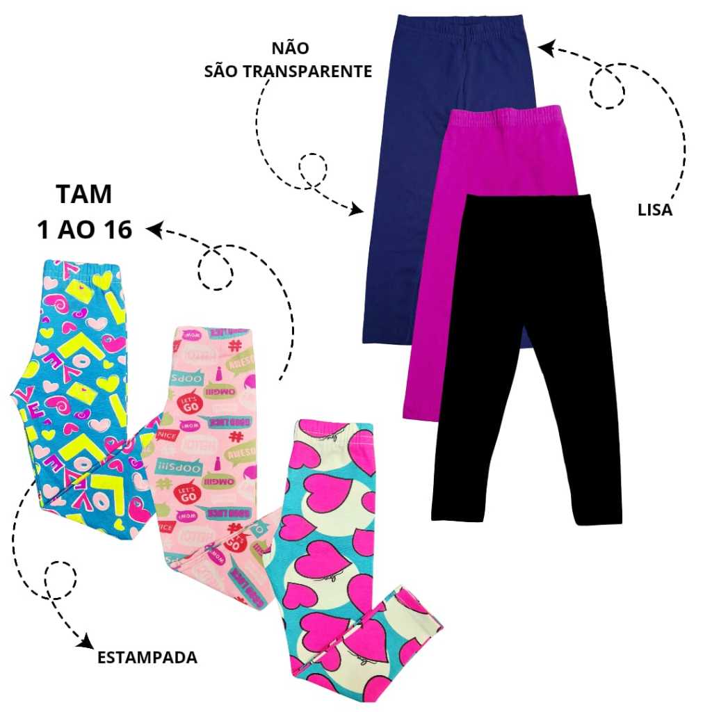 3 Legging Legue Infantil Menina Juvenil em Cotton Lisa e Estampada do 1 ao 16