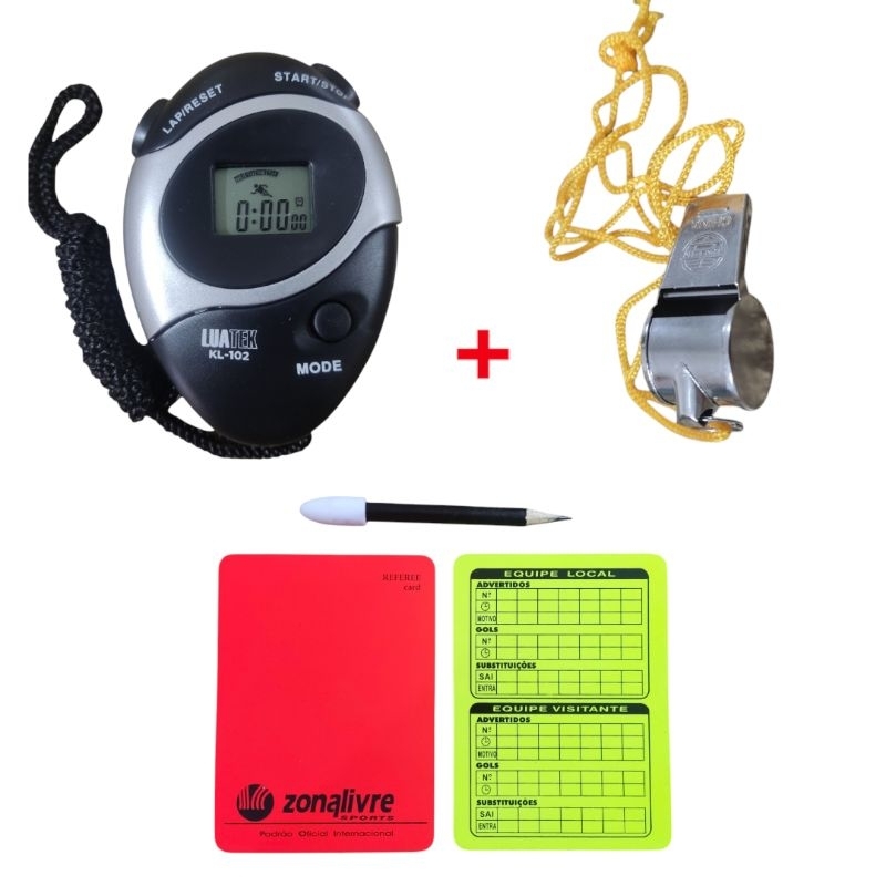 kit Arbítro. Par de Cartão de Juiz. + Cronômetro + Apito de Metal + Lápis