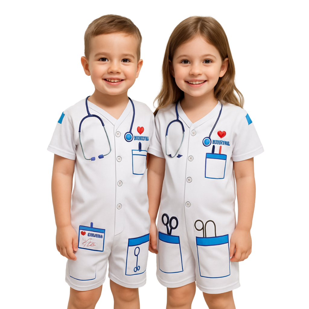 Fantasia Infantil Médico Médica Doctor Menino Menina Unissex Simples Doutor Completa Macacão Curto B