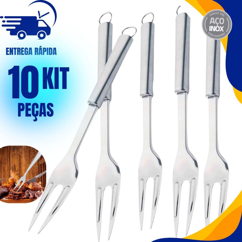 Kit 10 Garfo Grande Trinchante Cabo Longo p/ Churrasqueiro 100% Inox Açougue Cozinheiro Restaurante