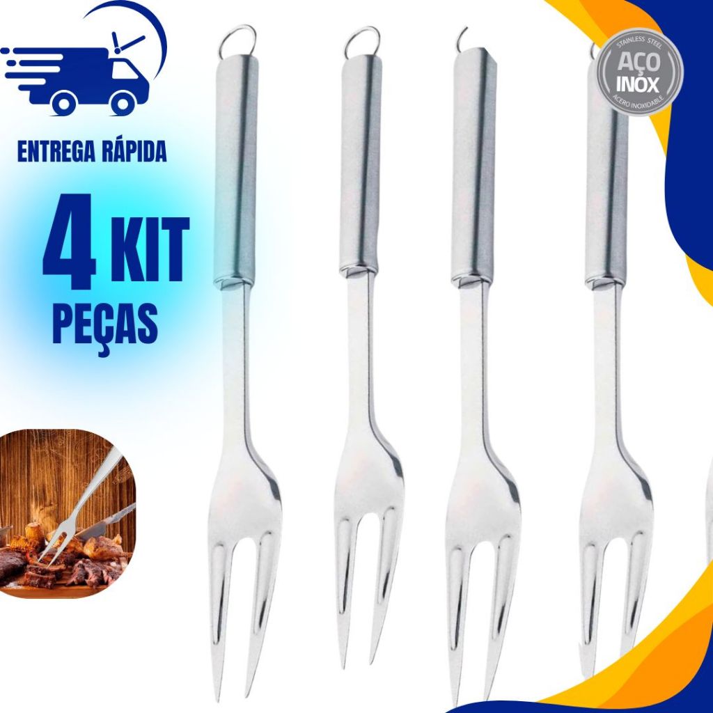 Kit 4 Garfo Grande Trinchante Cabo Longo p/ Churrasqueiro 100% Inox Açougue Cozinheiro Restaurante