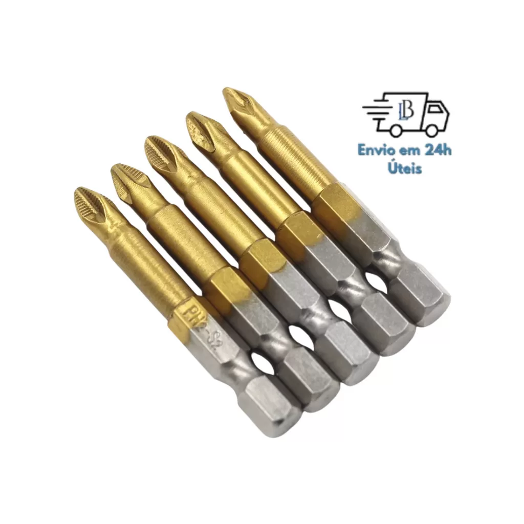 Jogo de Bits de Chave Phillips Magnético Impacto – 5 Peças PH2 – Anti-Derrapante