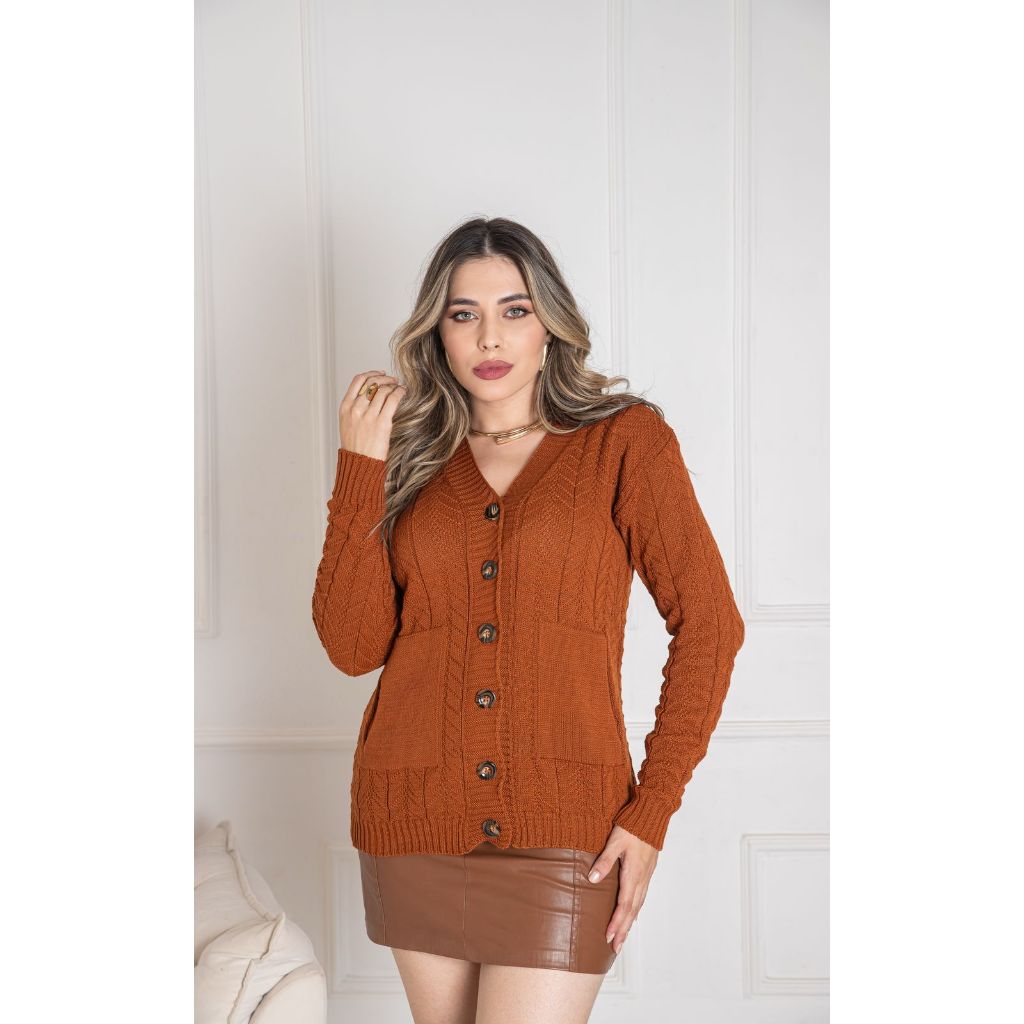 Casaco Feminino de Tricot Manga Longa Aberto Texturizado com Botões e Bolsos Elegante Moda Inverno