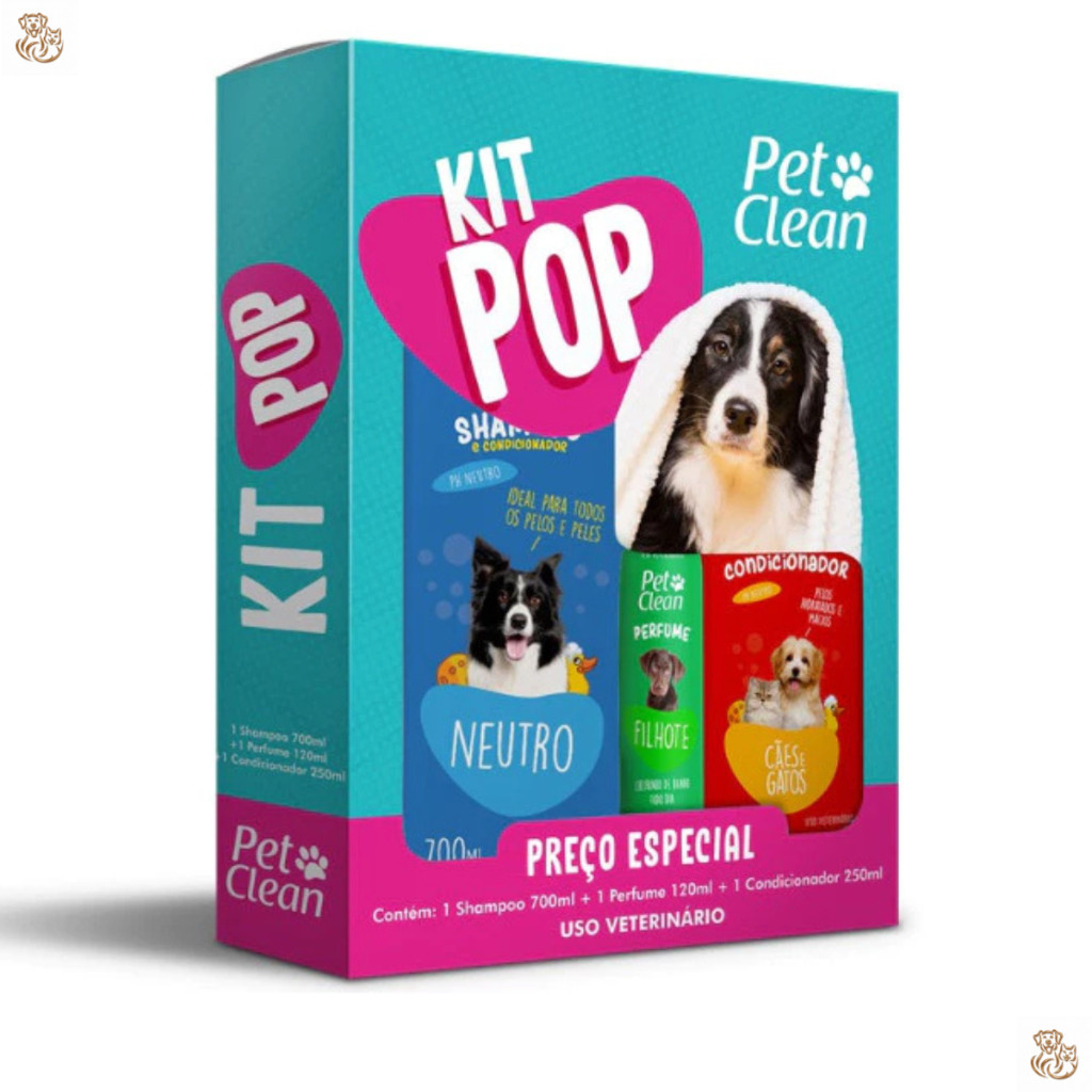 Kit Banho Pop Pet Clean – 1 shampoo + 1 perfume + 1 condicionador Cães Gatos