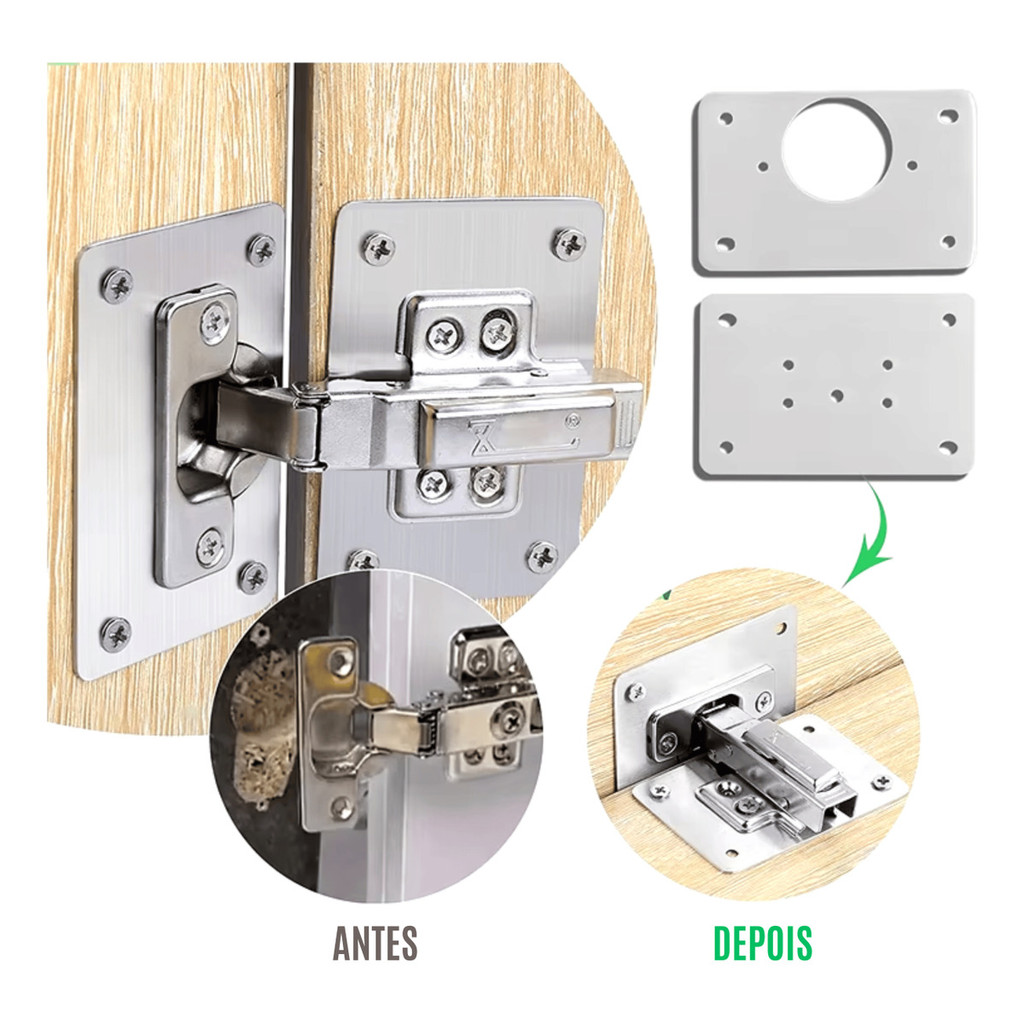 Kit 10 Placas Para Consertar Dobradiça Armário Mdf Porta Reparo Aço + Kit Parafusos