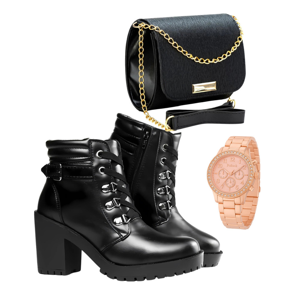 Kit Bolsa Femina + Relogio+ Bota Coturno Salto Alto