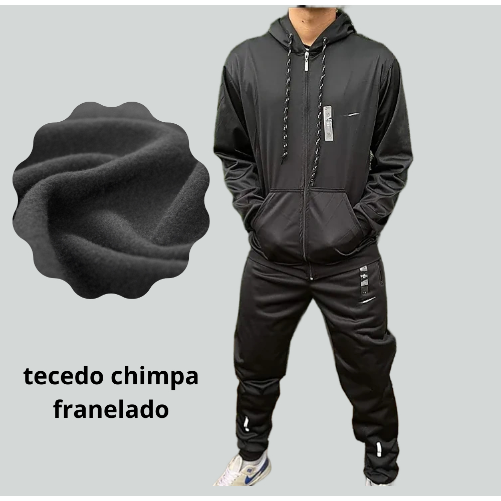 Conjunto masculino blusa e calça agasalho de tecido dry fit chimpa franelado  para inverno com ziper