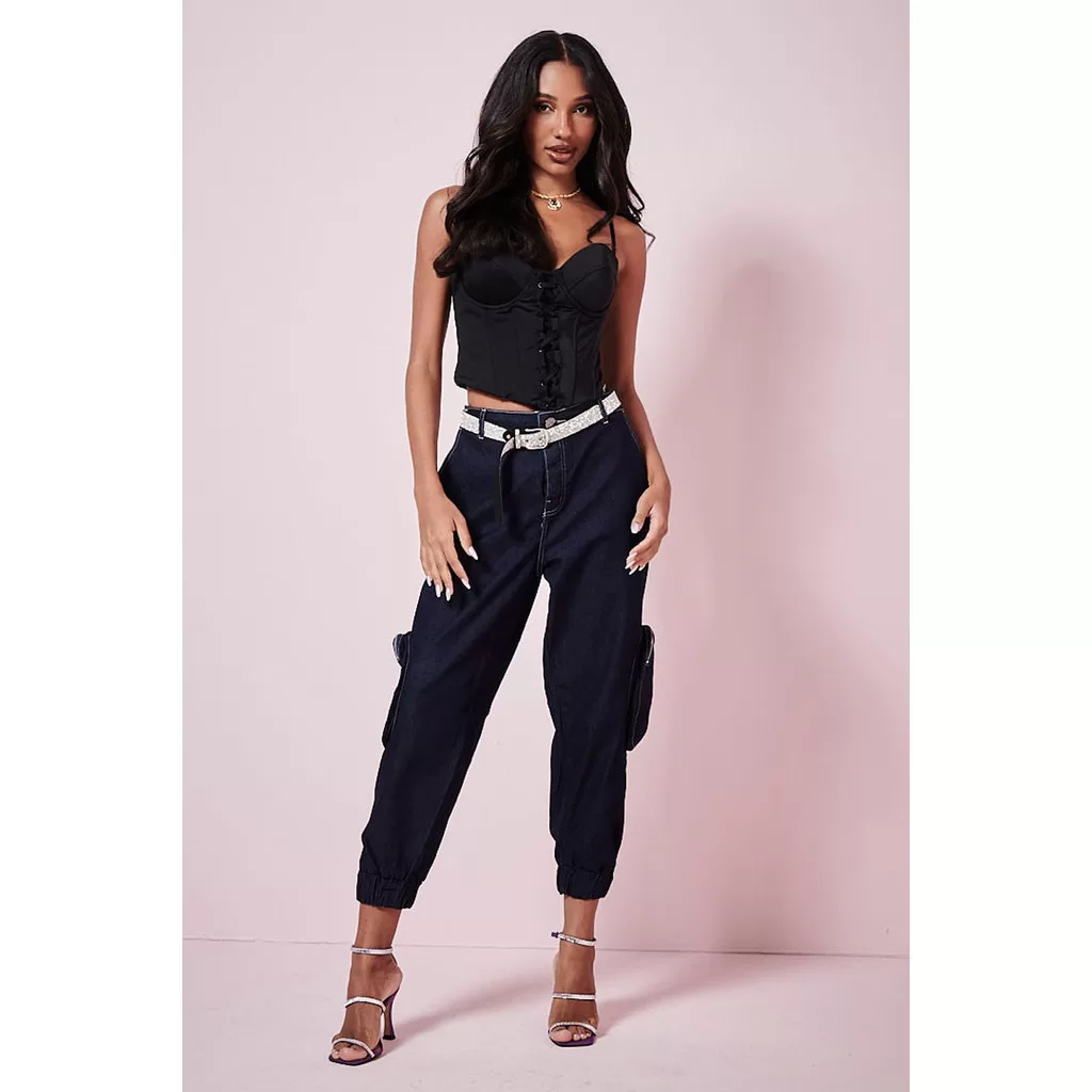 Calça Jeans Feminina Cargo Utilitário Planet Girls Azul Escuro