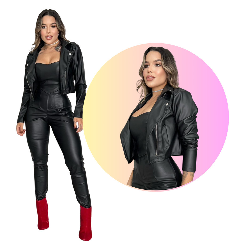 Blusa Jaqueta Couro Ecológico Feminina Jaqueta com Zíper e Bolso Lateral Fake Jaquetinha Feminina Co