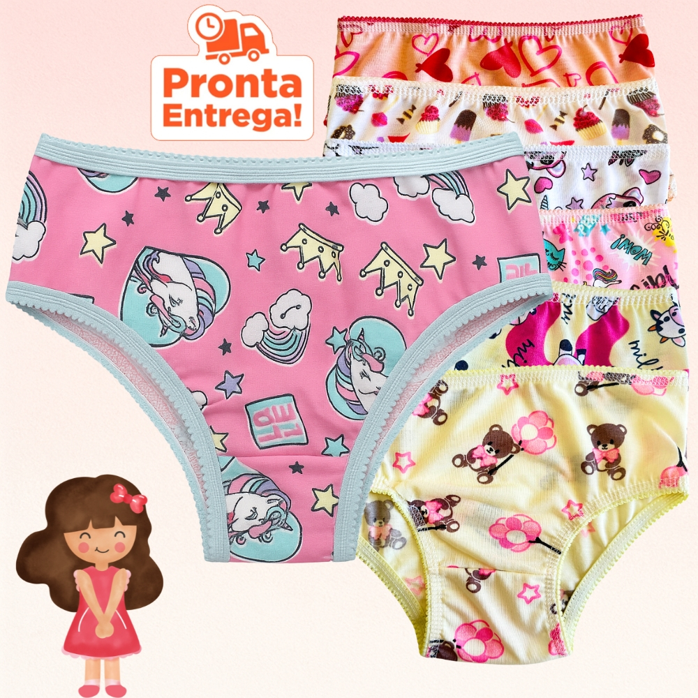 Kit 5 10 Calcinha Infantil com Forro algodão Estampada De 1 a 9 Anos Conforto meninas criança