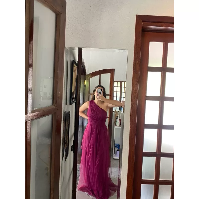 vestido de festa longo madrinha formatura casamento convidada debutante elegante tule fuscia