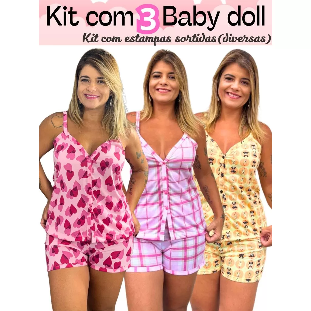 Kit Amamentação com 3 Baby doll Alcinha com Botões em Malha Estampas Sortidas Cirurgico pós parto