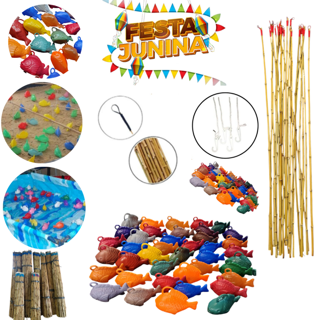 Kit 10, 20 OU 30 Peixes + 1,2,3 OU 5 Varas de 100cm 1 metro Festa Junina Pescaria Brincadeira Jogos