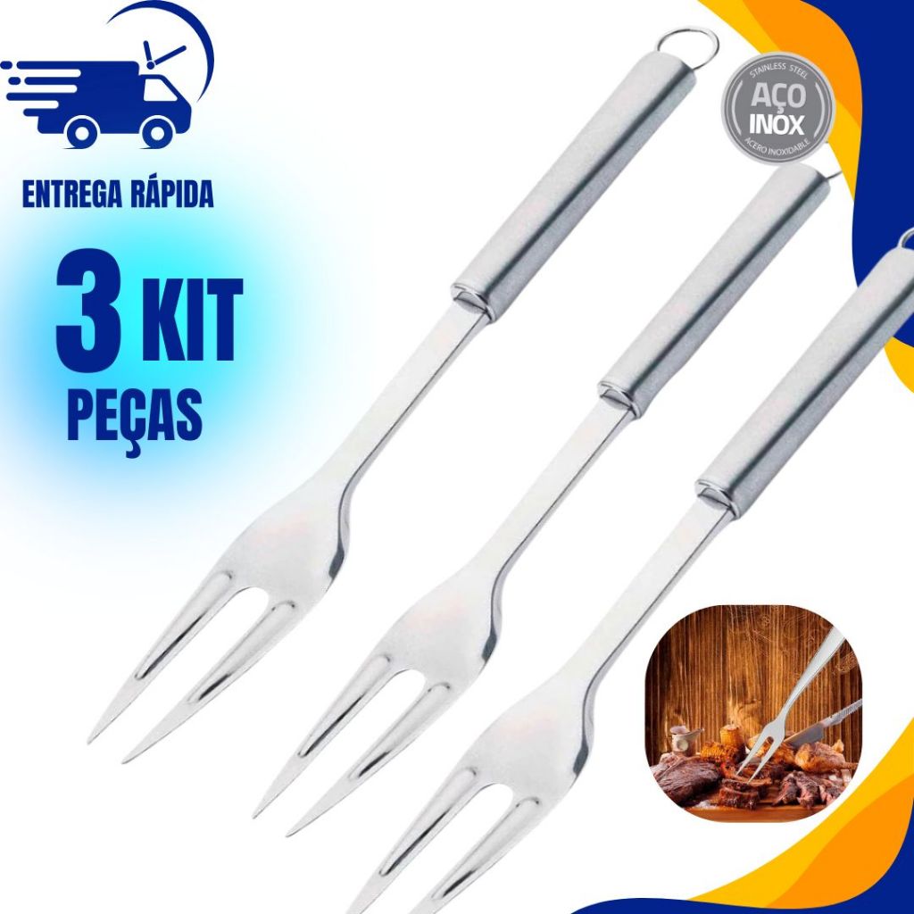 Kit 3 Garfo Grande Trinchante Cabo Longo Para Churrasco 100% Inox Açougue Cozinheiro Restaurante