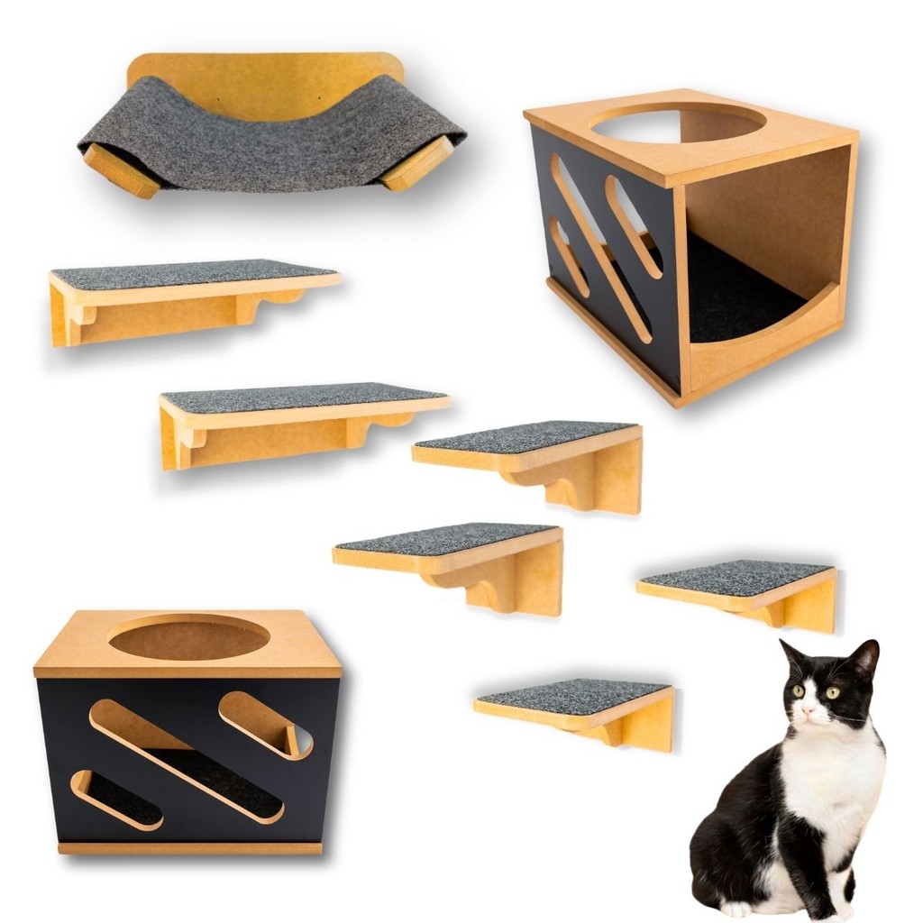 Playground Gato 9pçs Com Rede Carpete Antiderrapante Nicho Prateleira Montado Resistente Diagonal